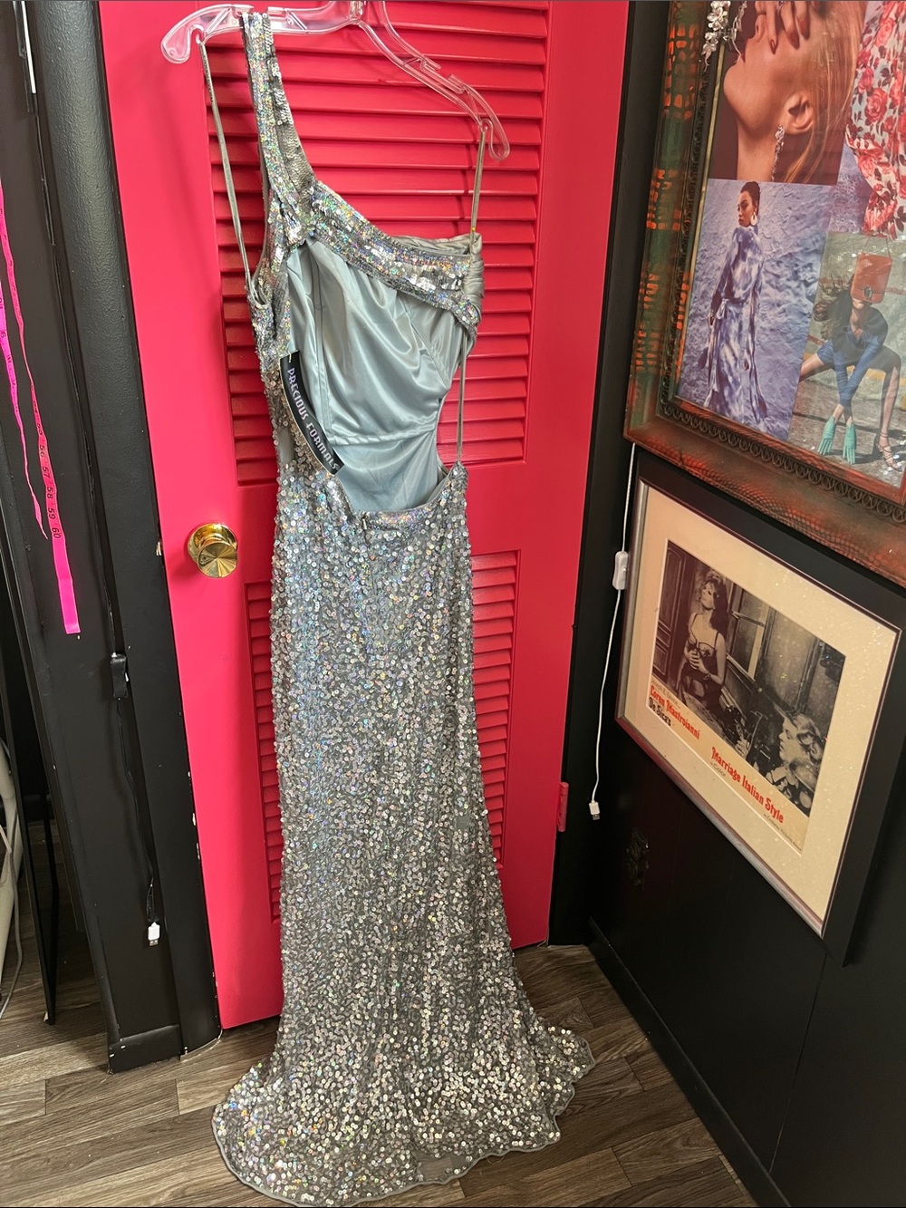 Precious Formals Iridescent Silver One-Shoulder Sequin Gown